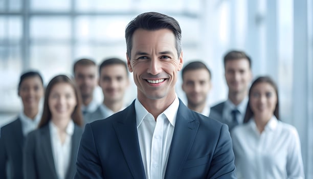 A man in a suit and tie standing in front of a group of business people photo