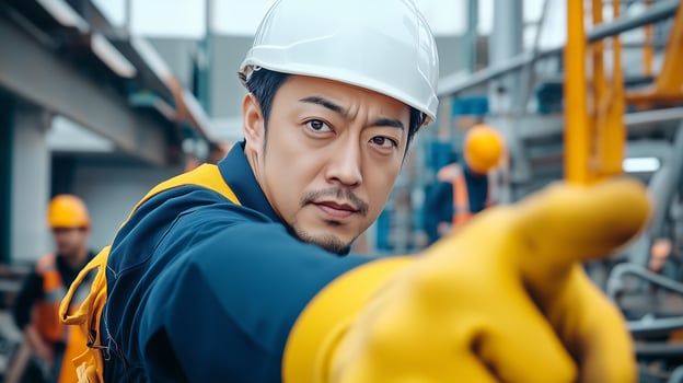 a man in a hard hat pointing at something photo