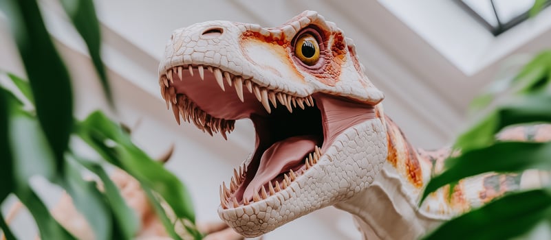 a dinosaur in hall of museum behind plants photo