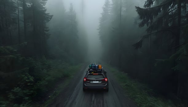 A car driving down a road in the woods photo