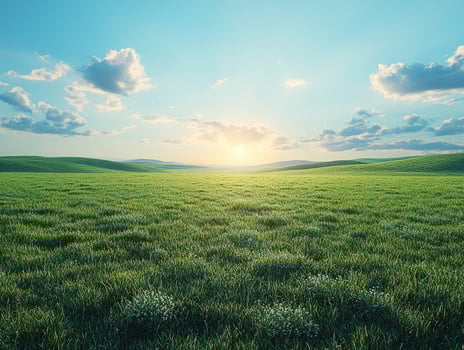 Green grass field at sunset illuminating rolling hills and blue sky photo
