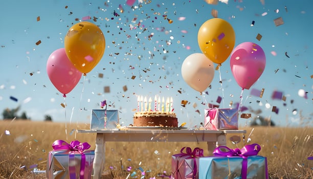 A birthday cake sitting on a table in a field photo