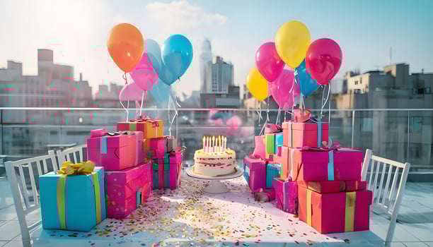 A birthday cake with balloons and presents on a table photo