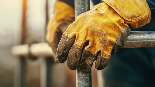 close up of dirty yellow construction glove gripping metallic scaffold, showcasing hard work and dedication photo