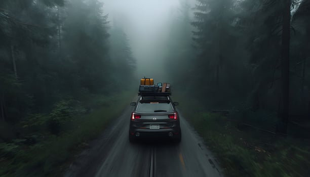 A car driving down a road in the fog photo