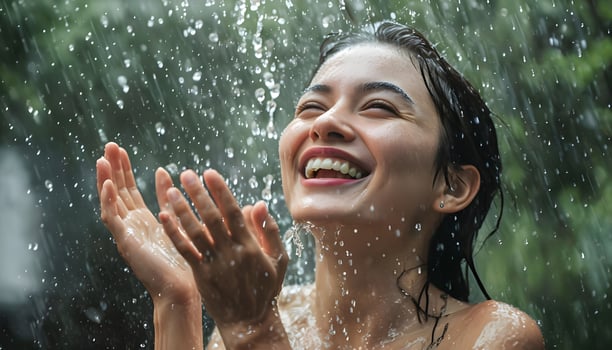 A woman is smiling while under a shower photo