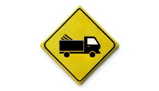 A yellow and black sign with a truck on it photo