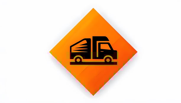 A black and orange diamond shaped icon with a truck photo