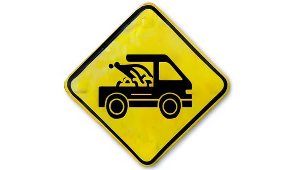 A yellow and black sign with a truck and a shovel photo