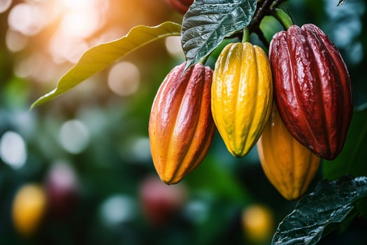 Close-up of ripe cacao pods in shades of yellow, orange, and brown hanging on a tree surrounded by green leaves, symbolizing cocoa farming and sustainable agriculture. . photo