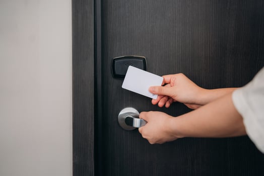 Electronic hotel room key. Smart card technology for seamless door lock and unlock operations. photo