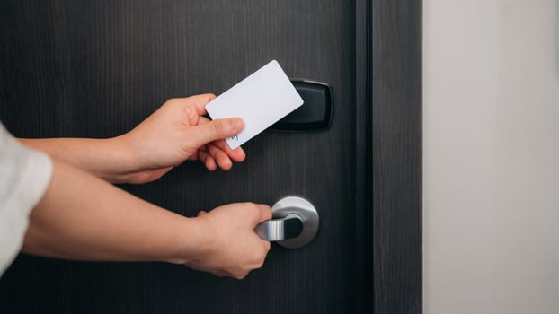 Innovative hotel key card system. Convenient electronic card access for locking and unlocking room doors. photo
