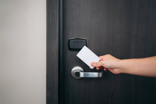 Smart security card for hotel rooms. Lock and unlock doors effortlessly with a secure electronic key card. photo