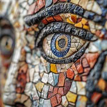 Macro photo of a mosaic Buddha face made from intricate colorful tiles with detailed textures - Variant 27