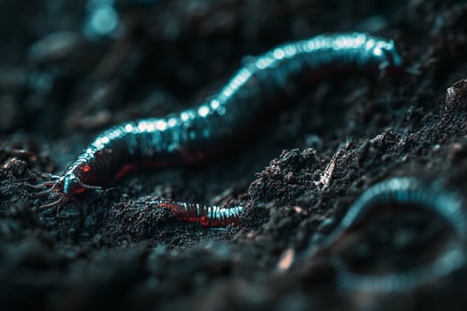 Macro photograph of earthworm in soil with dramatic lighting photo