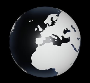 3D-Rendering of globe on black background. The material is rough glass with matte white land and europe is in the center. photo