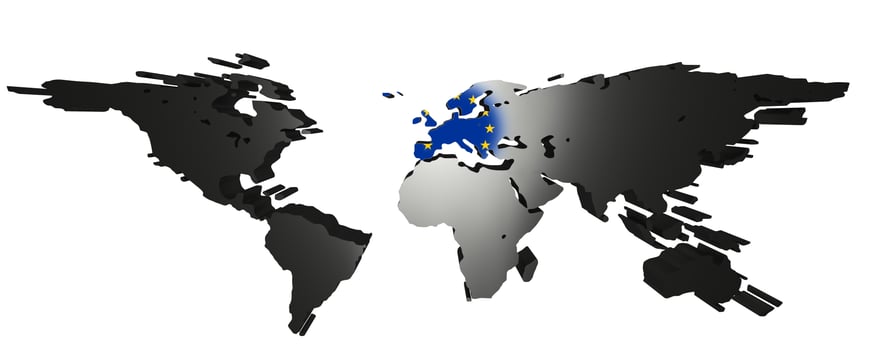 3D-Rendering of world map on white background. Europe is in the center an the european flag is visible. photo