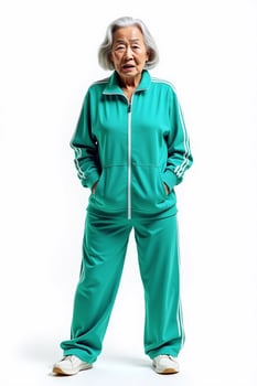 Elderly woman in teal tracksuit posing confidently. Studio fashion portrait emphasizing casual sporty style photo