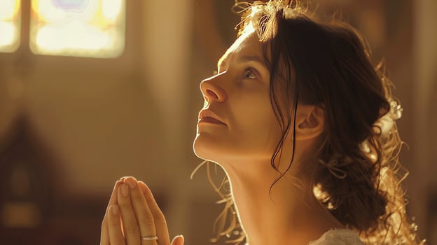 A beautiful woman praying to God, modern space photo