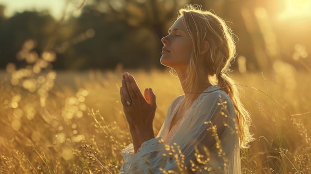 A beautiful woman praying to God, blonde photo