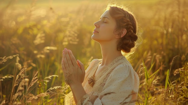 A beautiful woman praying to God, nature photo