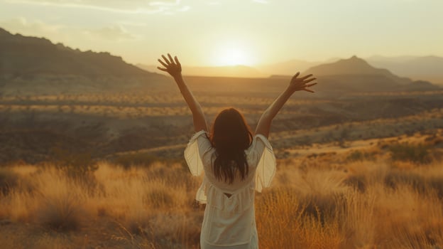 A woman with hands up, nature background photo