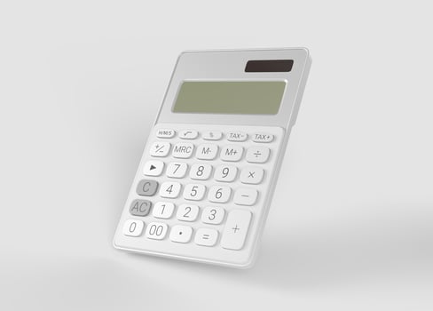 white calculator left side with numbers on white backdrop photo