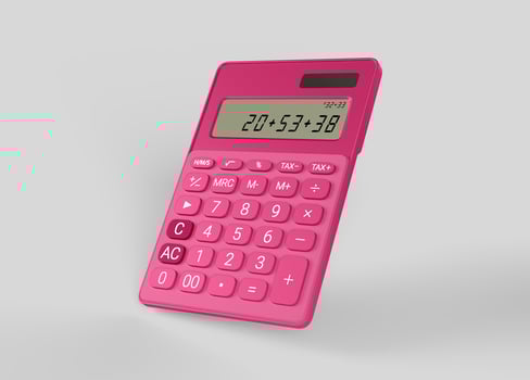 pink calculator with numbers on white backdrop photo