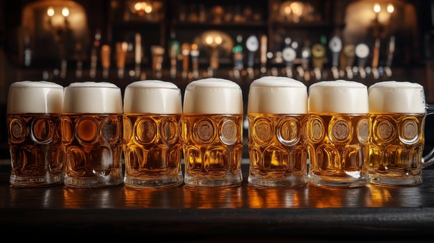 Beer glasses on the bar counter in the pub. Beer concept. photo