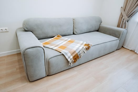 In a cozy living room, theres a comfortable grey couch with a plaid blanket on top, set on wooden flooring. The room features interior design elements to enhance its warmth and coziness photo