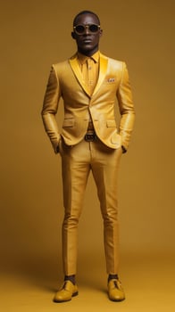 Stylish gentleman posing in vibrant yellow suit against golden backdrop photo
