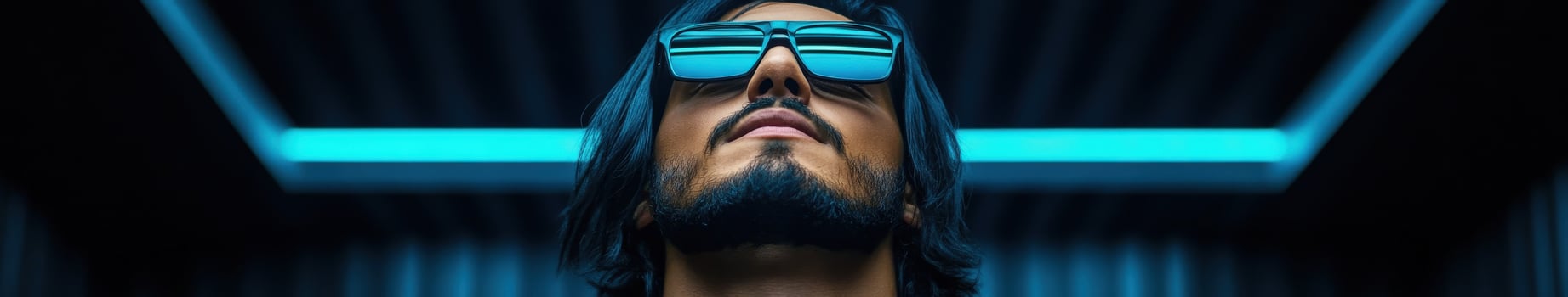 Stylish man wearing sunglasses gazes upward under neon lights photo