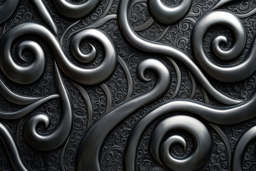 Intricate black and silver swirling patterns on textured surface photo