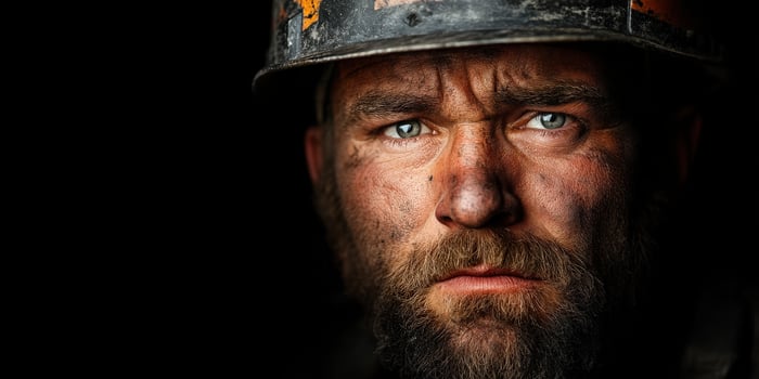 Miner with intense gaze showcasing determination and resilience in dark setting photo