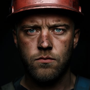 Miner with intense gaze wearing hard hat and showing signs of work in progress photo