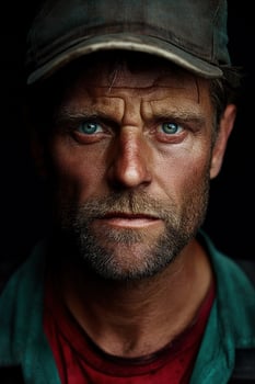 Miner in work attire expressing serious determination after a long shift photo