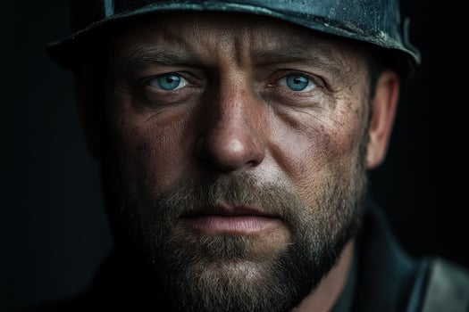 Portrait of a miner with intense blue eyes and rugged features photo
