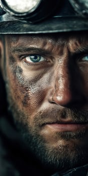 Close-up of a miner's face, showcasing mud and grime from hard work photo