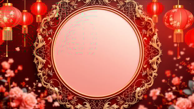 Golden Filigree Frame with Chinese Lanterns and Blossoms for Festive Celebrations photo