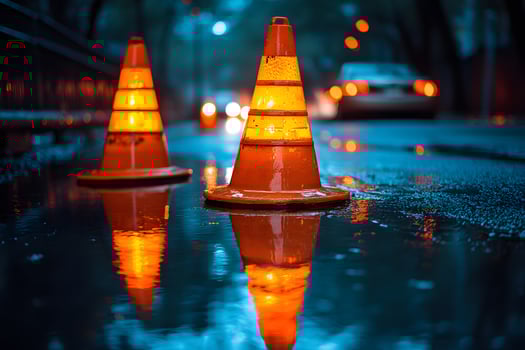 Traffic Safety at Night Glowing Cones and Wet Urban Streets for Road Caution Themes photo