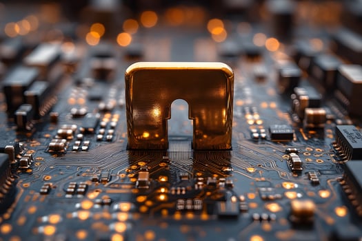Golden Processor Component on Circuit Board with Glowing Connections for Technology Design photo