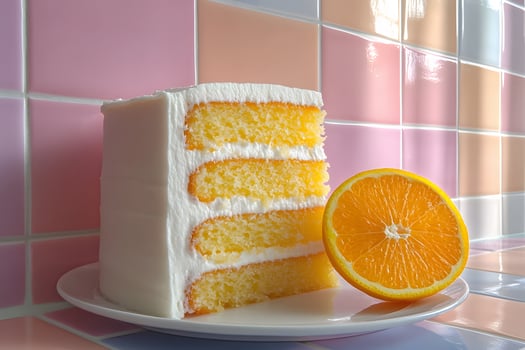 Delicious Citrus Cake Slice with Creamy Layers for Confectionery and Dessert Promotions photo