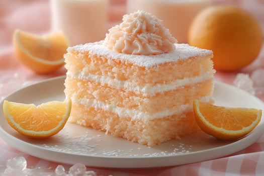 Delicious Cream Layered Sponge Cake with Orange Slices on Pink Tablecloth for Dessert Ideas photo