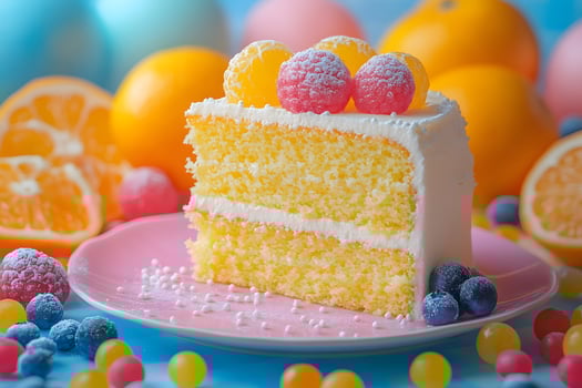 Vibrant Fruit-Decorated Slice of Citrus Sponge Cake on Pastel Plate for Spring Celebrations photo
