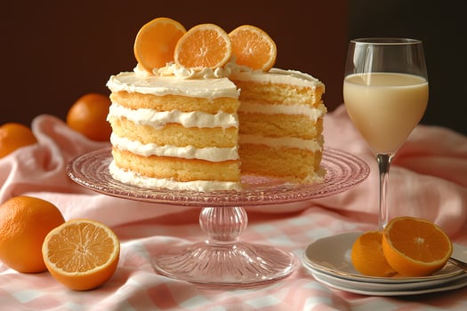 Citrus Delight Layered Orange Cake with Fresh Oranges and Creamy Beverage photo