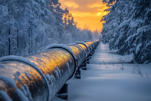 Winter Pipeline Scenery with Sunset Glow in Snowy Forest Landscape photo