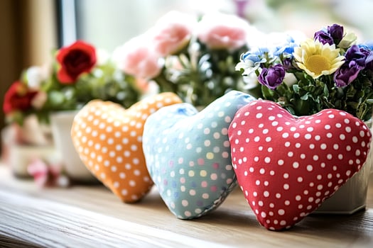 Colorful heart-shaped pillows resting on windowsill with flowers photo