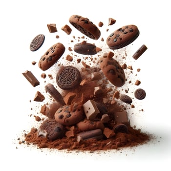 Chocolate cookies and other chocolate products are scattered on the ground photo
