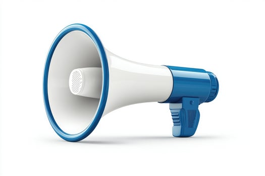 Blue and white megaphone lying on white background photo