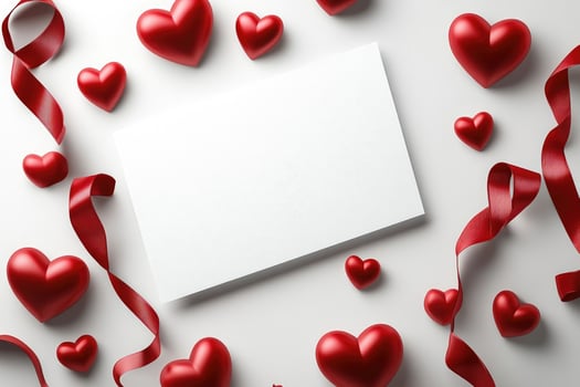 Red hearts and ribbons framing blank card on white background photo